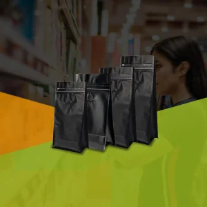 3D Plain Black Flat Bottom Coffee Pouch With Valve