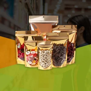 Front Clear Back Golden Standup Pouch